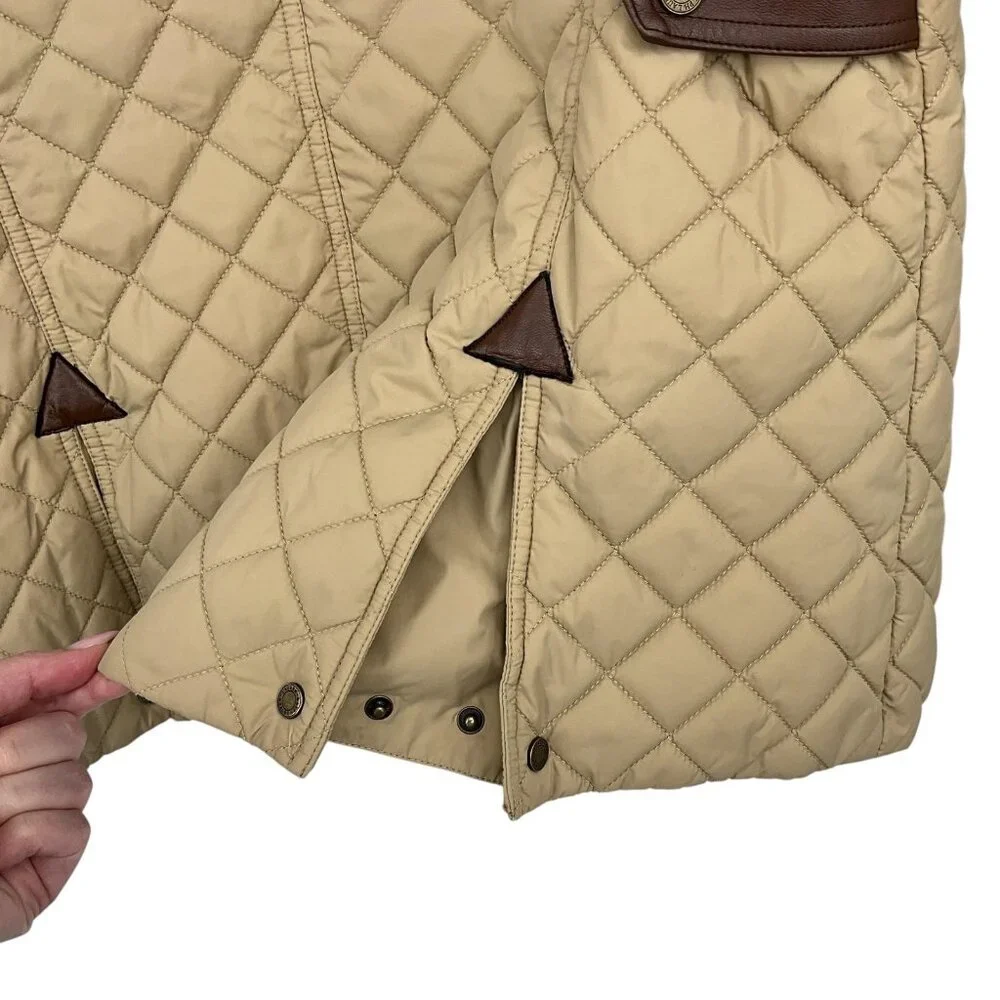 Ralph Lauren Diamond Quilted Barn Jacket Womens L Faux Leather Trim Birch Tan - Picture 11 of 16